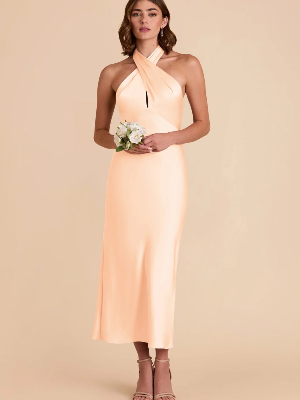 Birdy Grey One-Shoulder Peach Satin Midi Dress